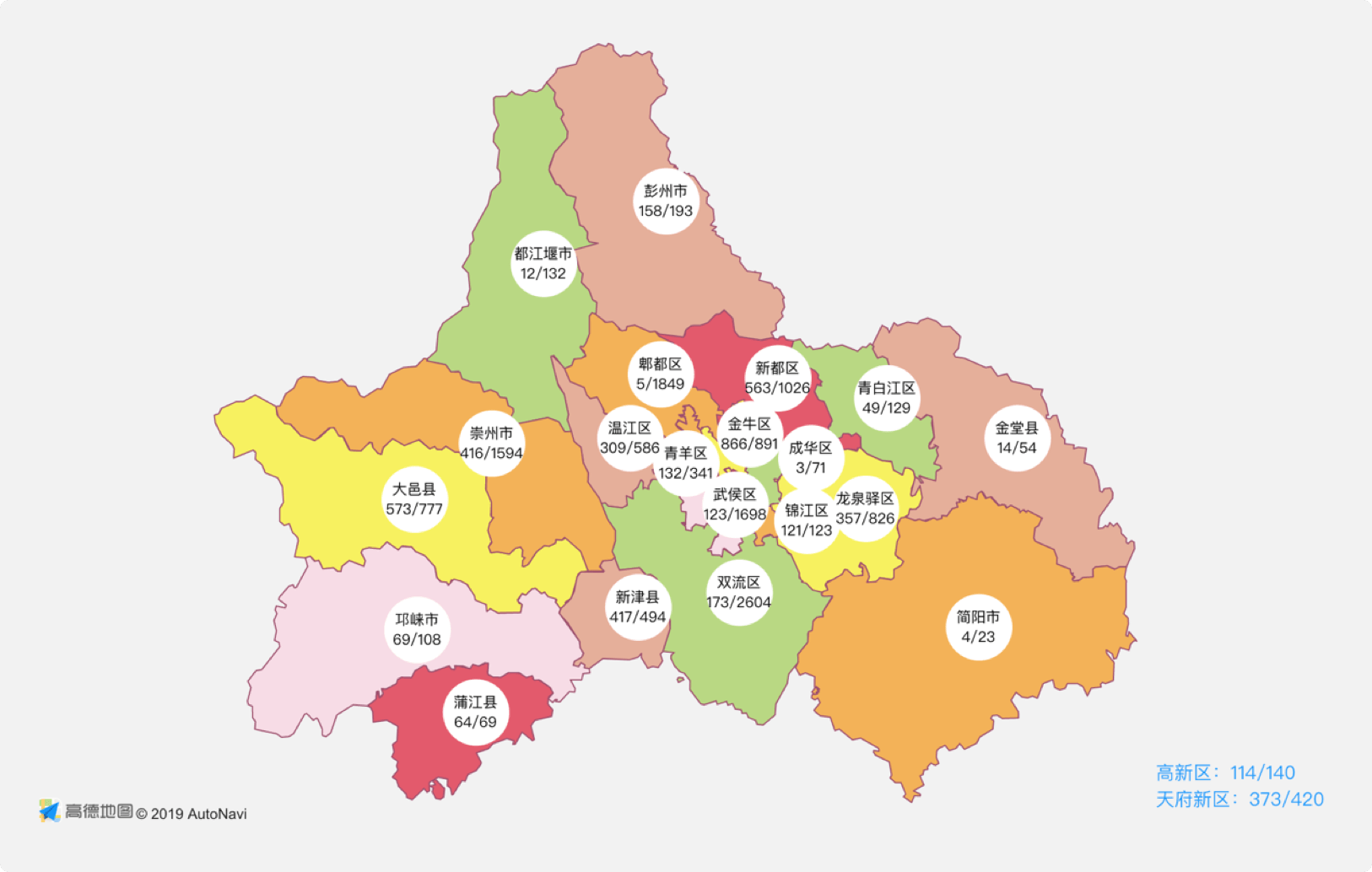 在成都市地图上根据行政区的企业总数及已巡查企业